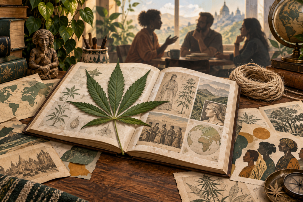 Editorial illustration of a cannabis leaf on an open history book, with hemp fiber and adults in conversation.