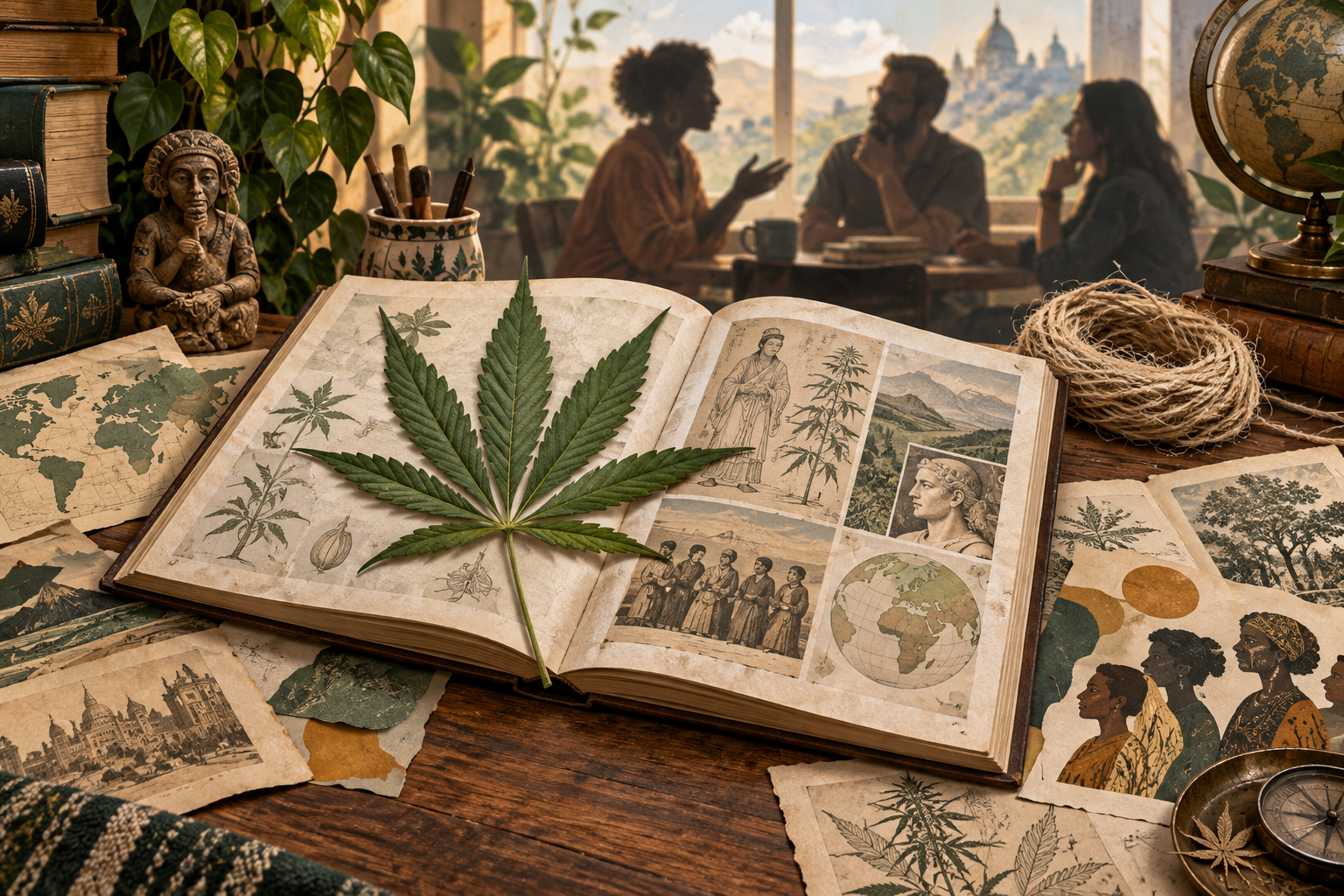Editorial illustration of a cannabis leaf on an open history book, with hemp fiber and adults in conversation.
