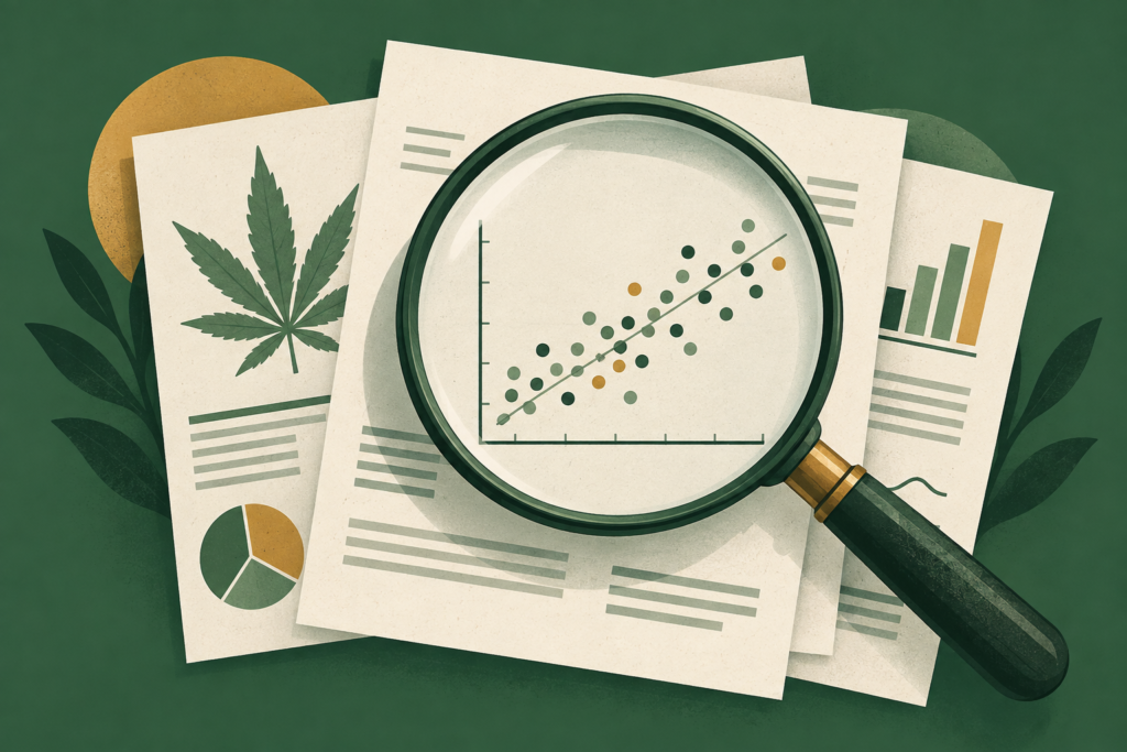 Editorial illustration of a magnifying glass examining a symbolic scatterplot on research papers beside a cannabis leaf.