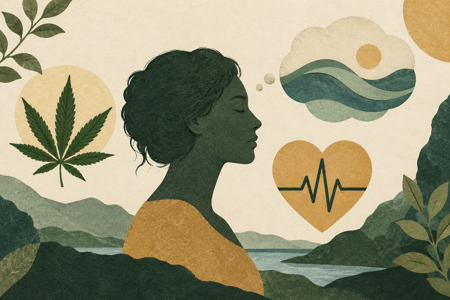 Conceptual editorial illustration of an adult profile beside a wave-filled thought bubble, a heart with a symbolic pulse line, and a cannabis leaf.